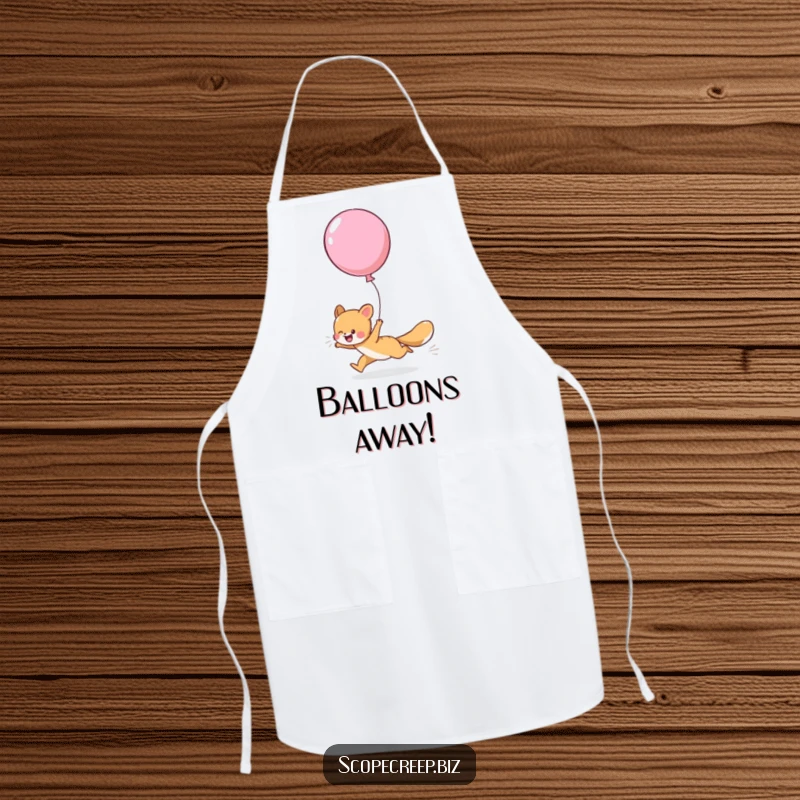 Funny apron showing a cheerful animal joyfully chasing a large, escaped balloon, perfect for kitchen use.