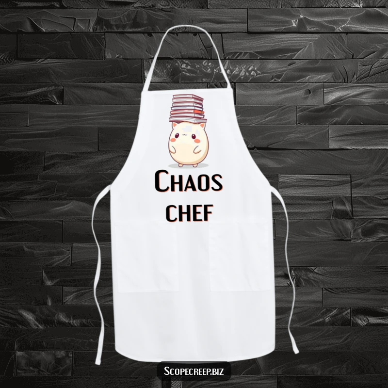 Funny apron depicting a round animal comically failing to balance a huge stack of papers, suitable for cooking.