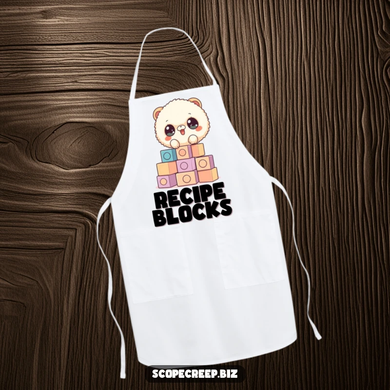 Funny apron featuring a fluffy animal stacking blocks, perfect for cooks who enjoy a bit of creative and humorous flair in the kitchen.