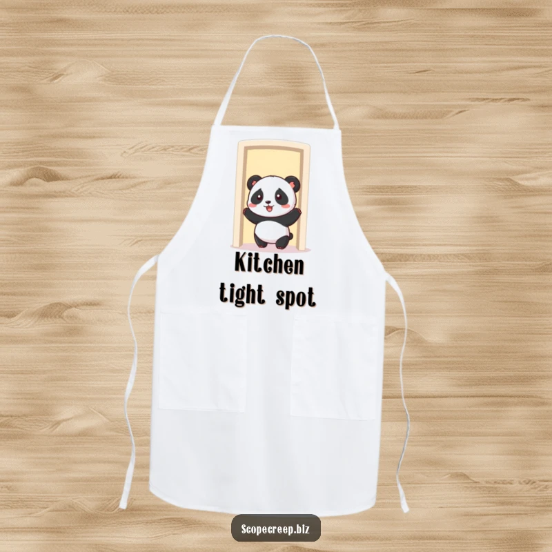 Funny panda character comically stuck in a shrinking doorway, durable kitchen apron, humorous cooking accessory.