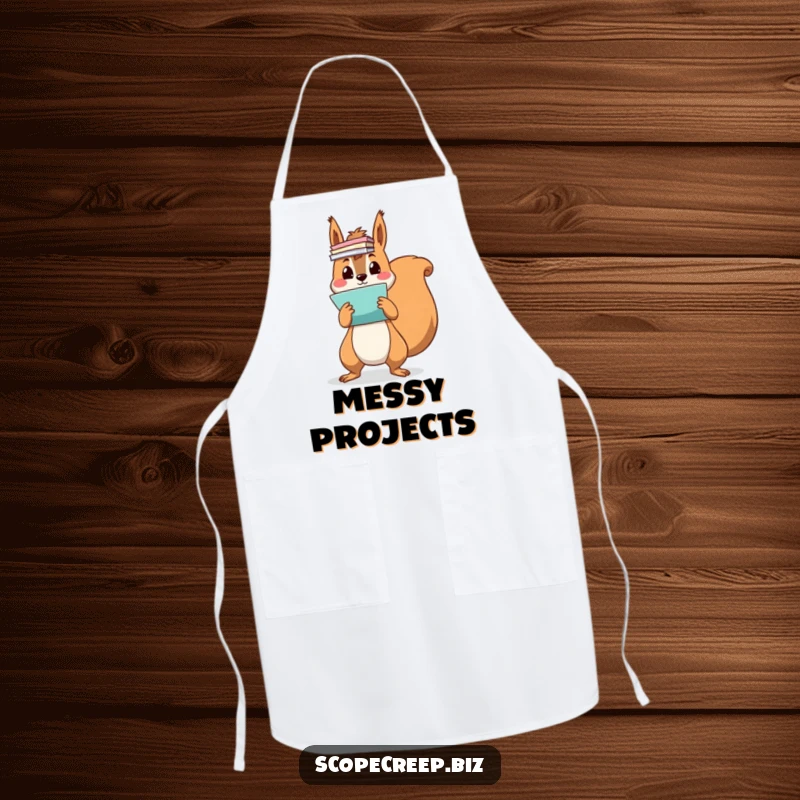 Funny squirrel character juggling various kitchen items and papers, comical apron for cooking or baking, humorous chef accessory.