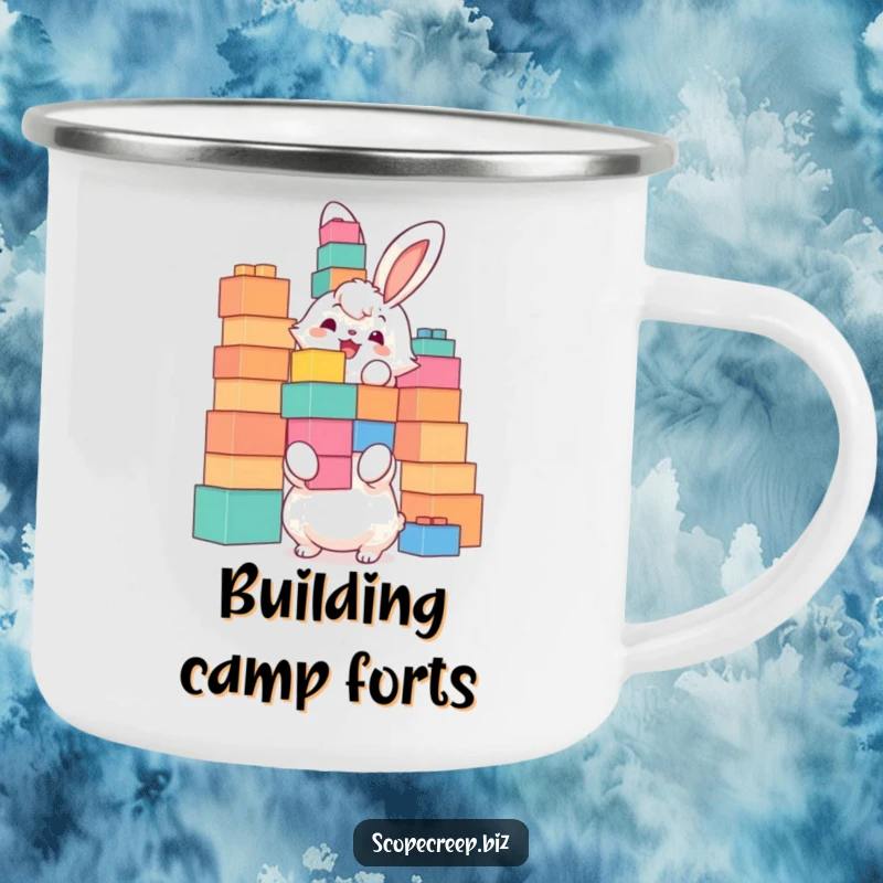 Funny camping mug with a fluffy bunny joyfully stacking oversized building blocks, ready for outdoor projects and warm drinks.