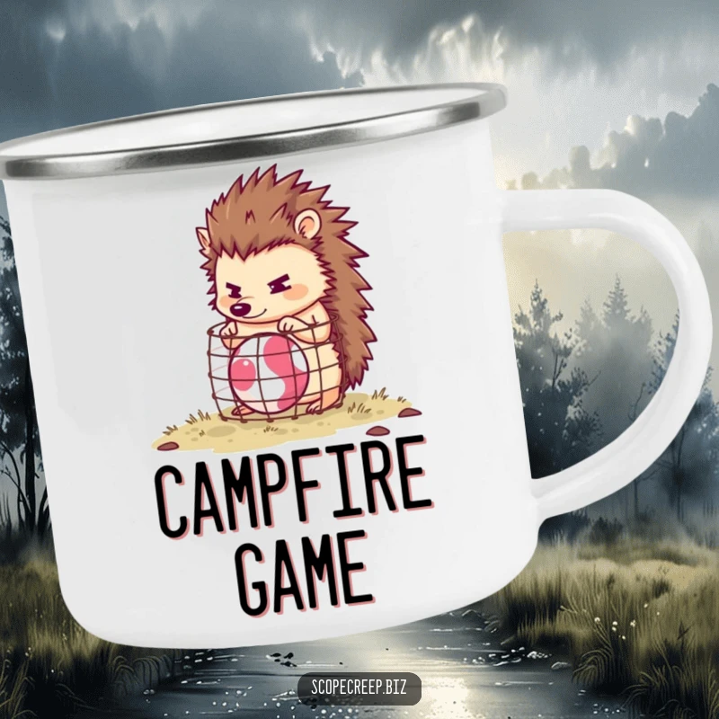 Funny hedgehog character building a tiny cage around a bouncing ball, enamel camping mug, humorous outdoor accessory.