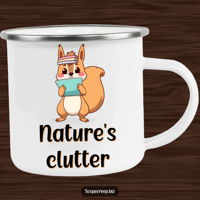 Funny squirrel character juggling a stack of papers, enamel camping mug, outdoor beverage holder, humorous design.