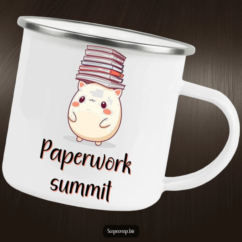 Funny camping mug showing a round animal struggling to balance a huge pile of papers, perfect for outdoor use.