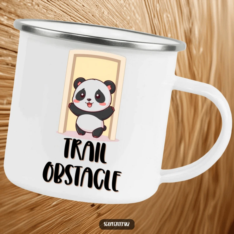 Funny panda stuck in a shrinking doorway, sturdy enamel camping mug, humorous beverage holder.