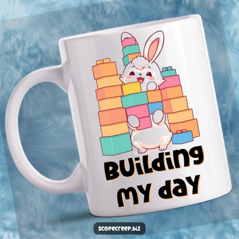 Funny mug featuring a fluffy bunny character joyfully stacking oversized building blocks precariously high, showing pure concentration.