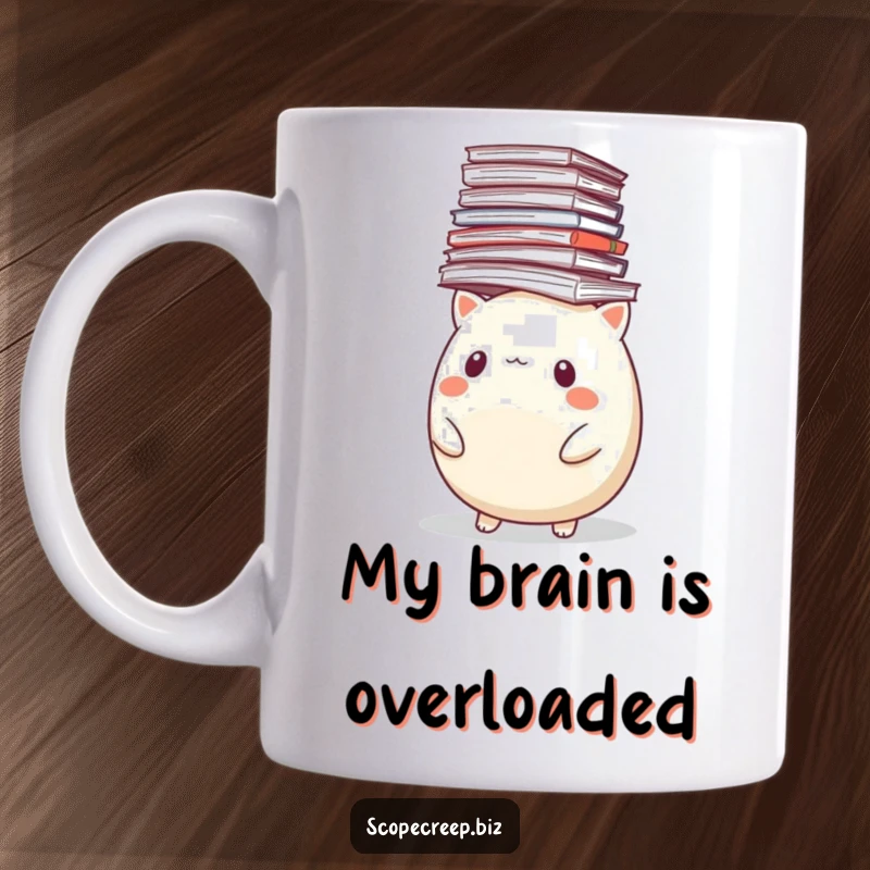 Funny mug featuring a round, flustered animal struggling to balance a tall, teetering stack of office papers on its head.