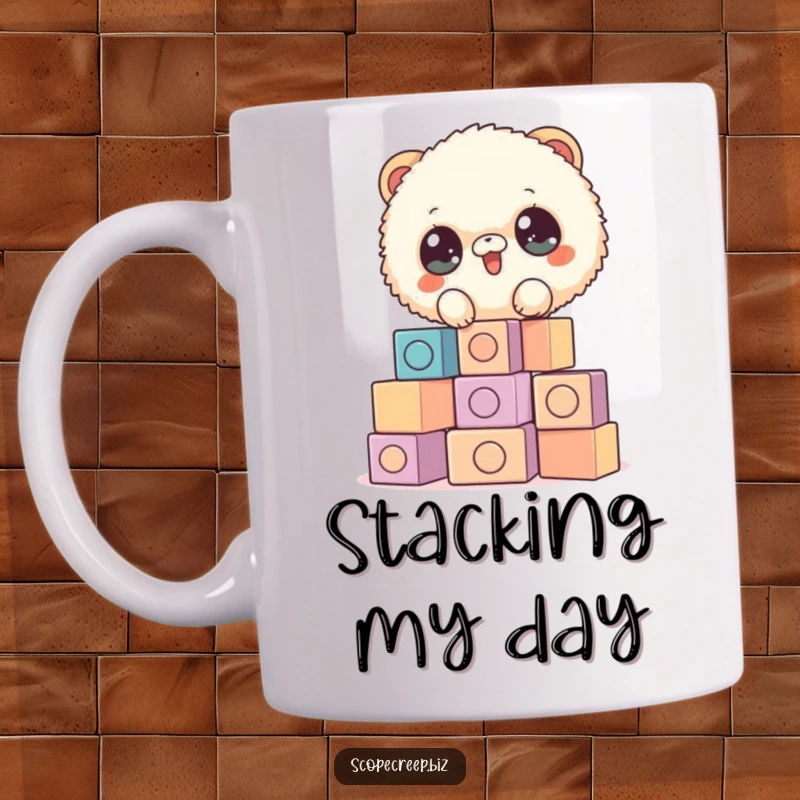 Funny mug featuring a fluffy, round creature with big, sparkling eyes gleefully stacking uneven building blocks, showcasing playful construction.