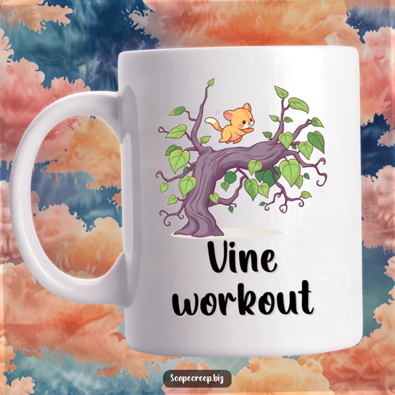 Funny mug featuring a small, energetic animal triumphantly leaping over a tangled, sprawling vine, showcasing adventurous spirit.