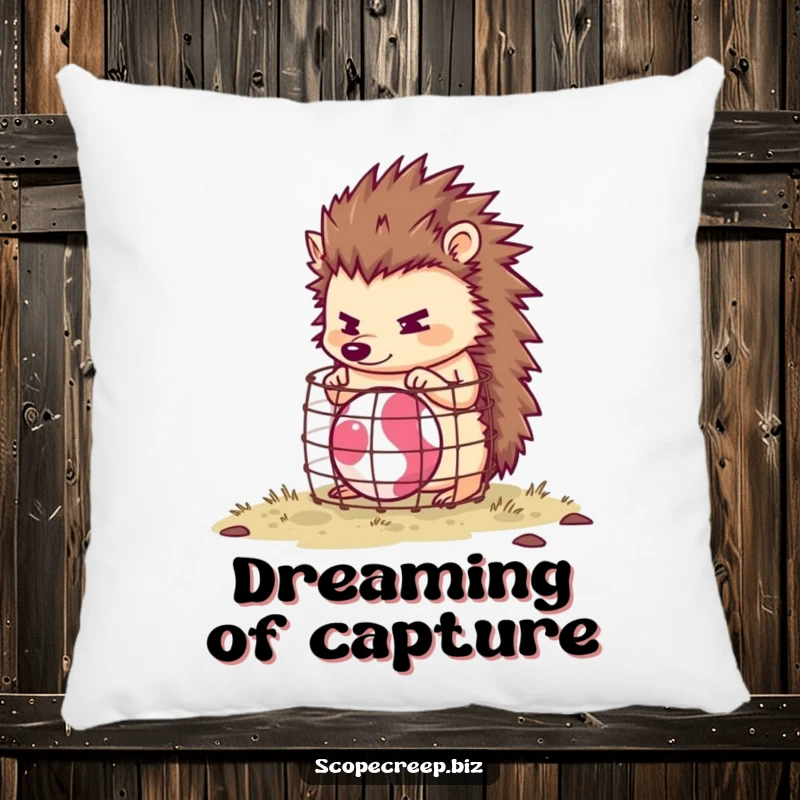 Funny hedgehog character building a tiny cage around a bouncing ball, plush pillow, humorous home decor.