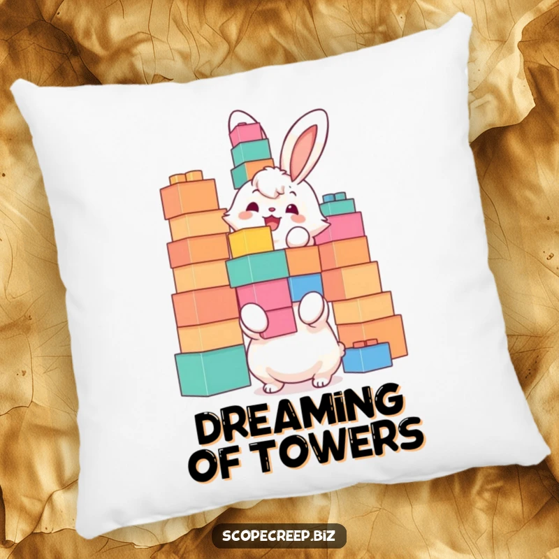 Funny pillow design of a fluffy bunny joyfully stacking oversized building blocks, bringing a touch of playful construction to any space.