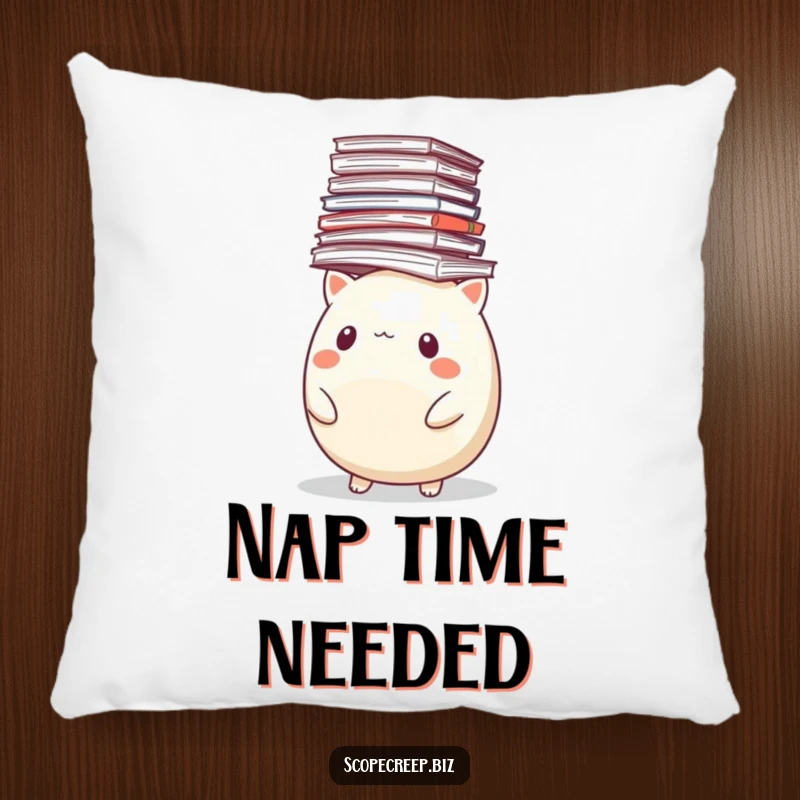 Funny pillow featuring a round, stressed animal’s head peeking out from a large, unstable stack of papers.