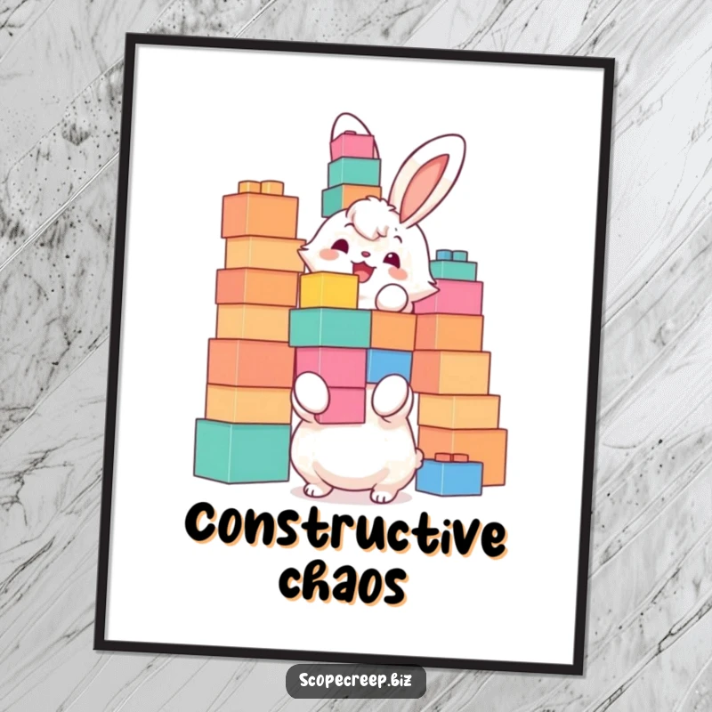 Funny digital art print of a fluffy bunny joyfully stacking oversized building blocks, perfect for adding playful decor.