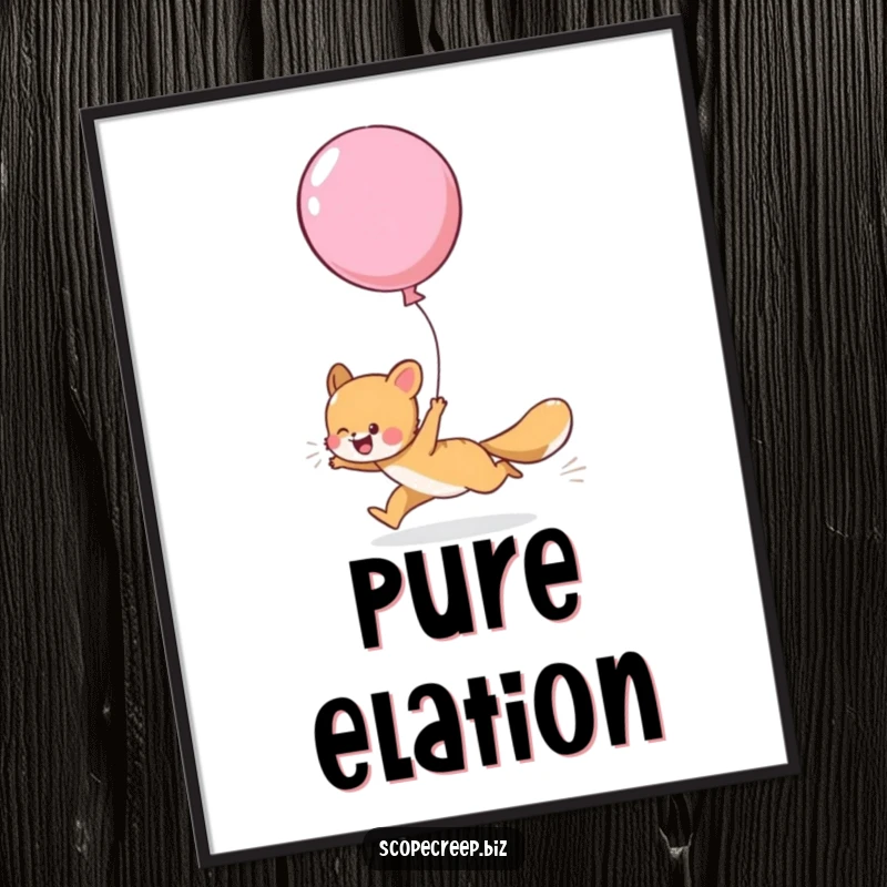 Funny digital art print of a happy animal gleefully chasing a large, over-inflated balloon that’s flying away.