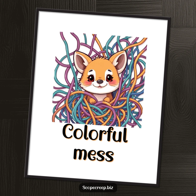 Funny digital art print of a curious animal peeking through a messy, colorful tangle of threads.