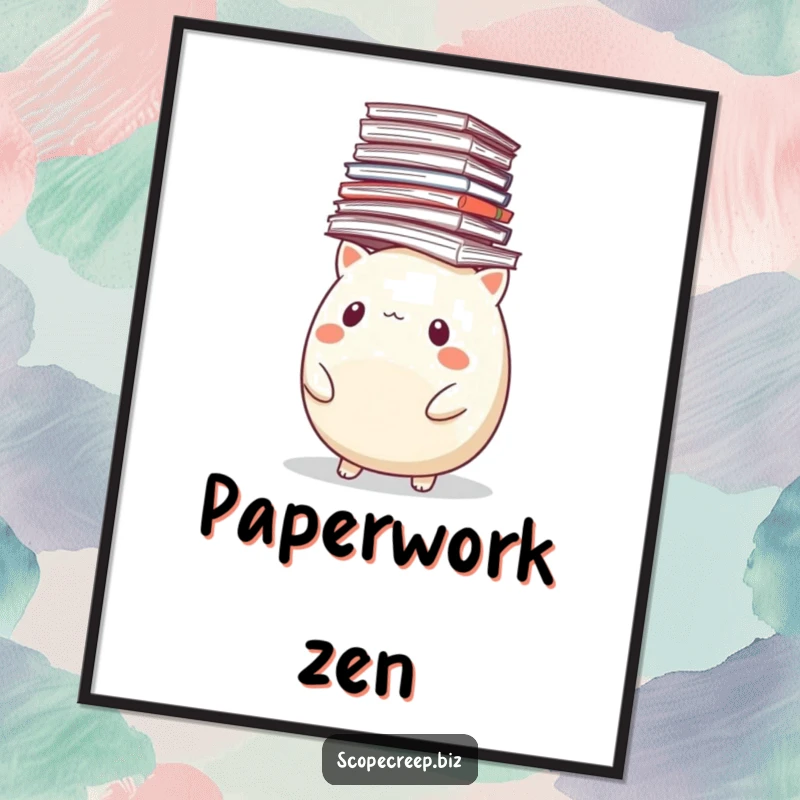 Funny digital art print of a round animal humorously attempting to balance a massive stack of papers on its head.
