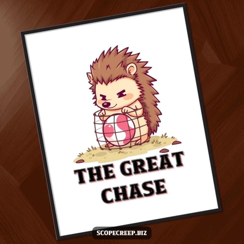 Funny hedgehog character building a tiny cage around a bouncing ball, high-resolution digital art print, humorous decor.