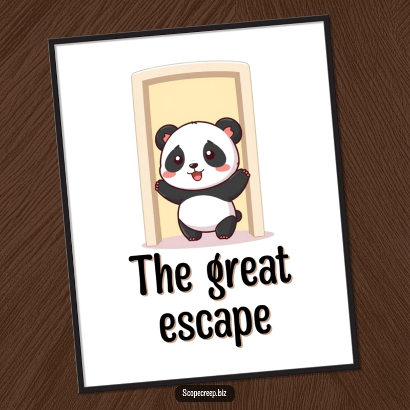 Funny panda character comically wedged in a shrinking doorway, high-resolution digital art, humorous wall decor.