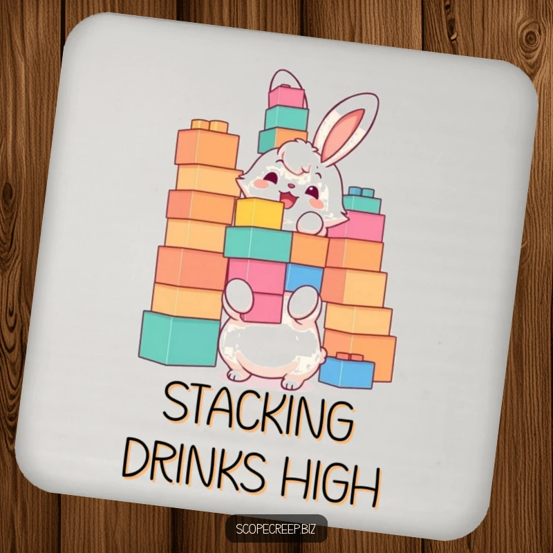 Funny drink coaster with a fluffy bunny joyfully stacking oversized building blocks, bringing playful construction to any table.