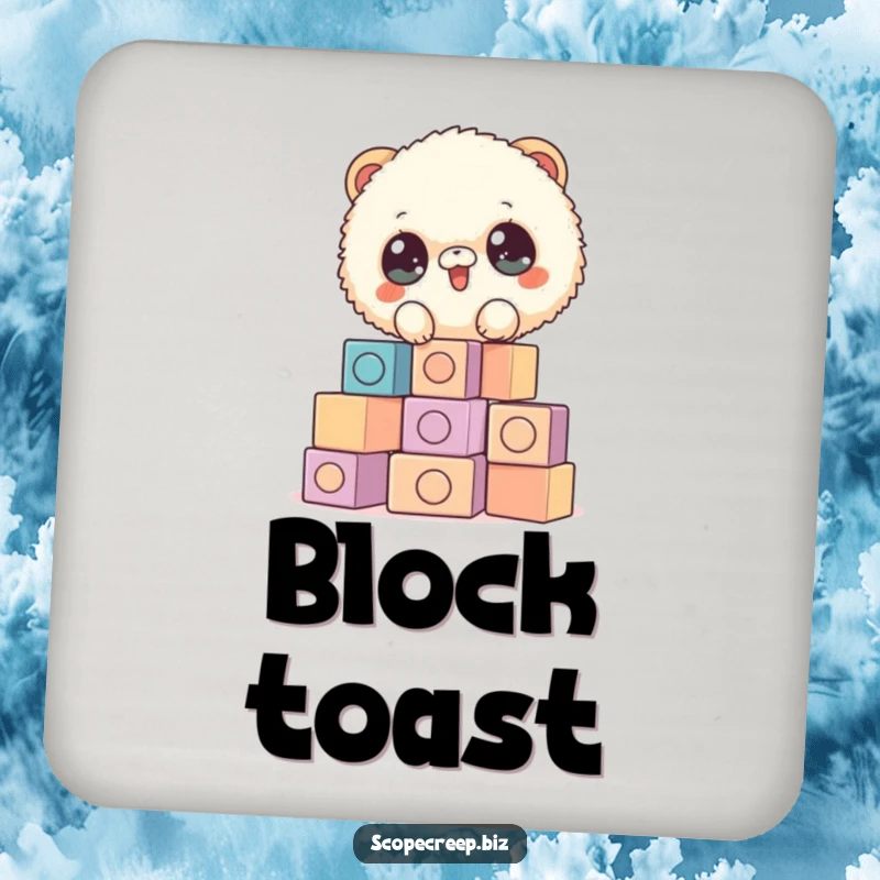 Funny drink coasters showcasing a fluffy animal stacking blocks, adding a touch of creative and humorous protection to any tabletop.
