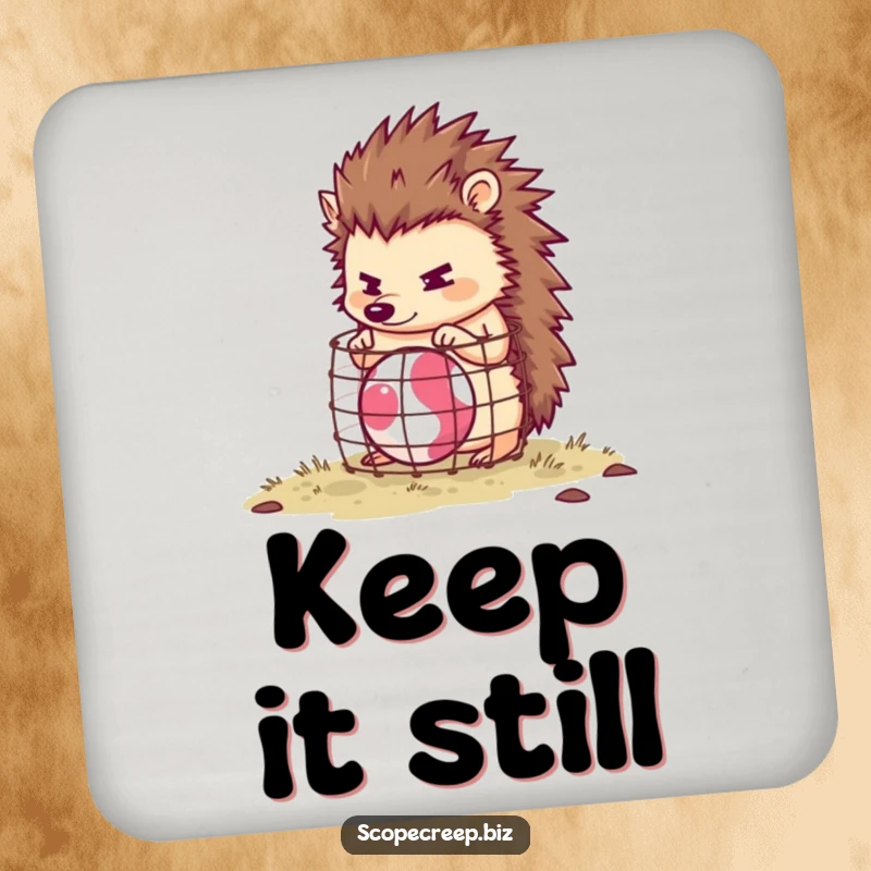 Funny hedgehog character building a tiny cage around a bouncing ball, protective drink coaster, humorous accessory.