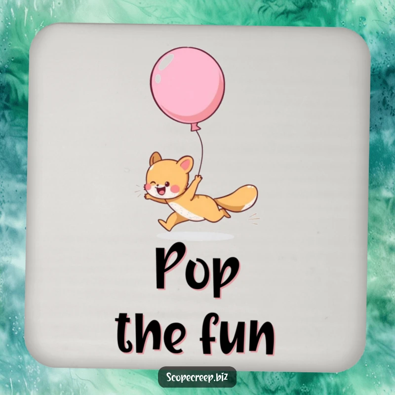 Funny drink coaster featuring a playful animal gleefully chasing a large, escaped balloon, protecting surfaces.