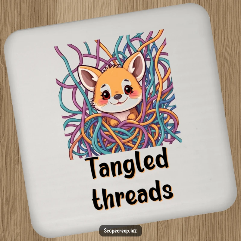 Funny drink coaster featuring a curious animal peeking through a messy tangle of colorful threads, protecting surfaces.