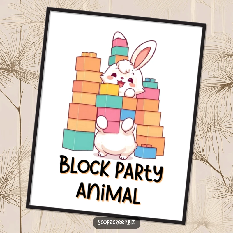 Funny poster art of a fluffy bunny joyfully stacking oversized building blocks high, capturing a moment of playful determination.