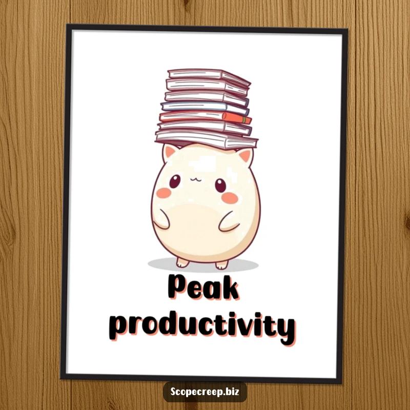 Funny poster artwork of a round, determined animal precariously balancing a ridiculously tall pile of papers on its head.