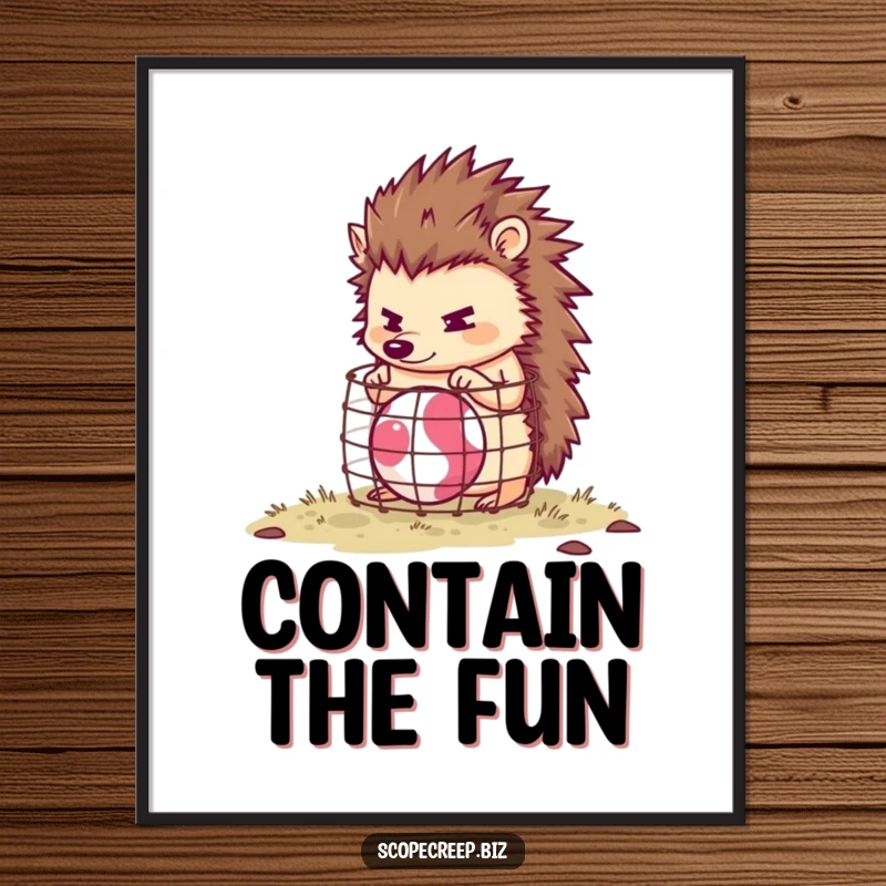 Funny hedgehog character focused on building a small cage around a bouncing ball, humorous poster for wall decor.