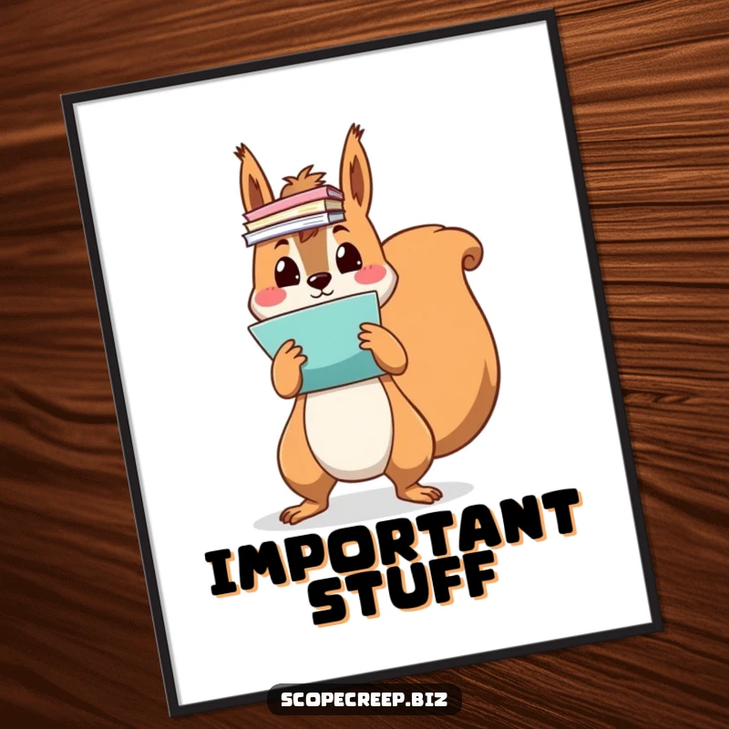 Funny squirrel character caught in a paper storm, colorful documents flying everywhere, whimsical office art, funny poster.