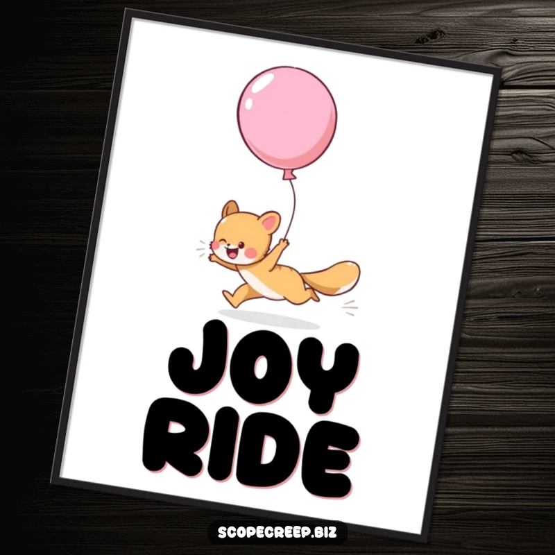 Funny poster art of a happy animal running with great enthusiasm after a large, over-inflated balloon that’s flying away.