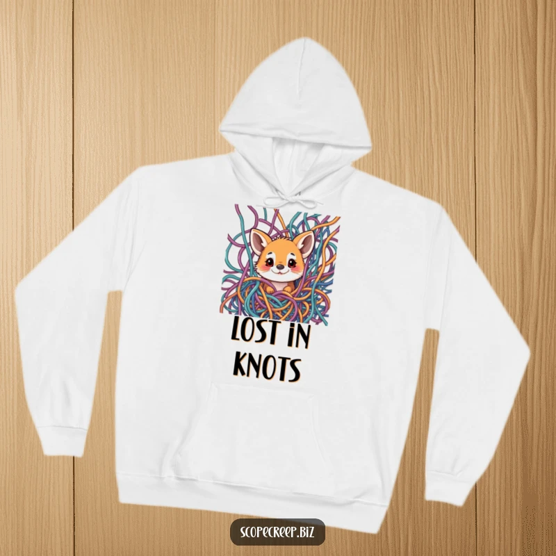 Funny hoodie depicting a curious animal peeking its head through a dense, colorful tangle of yarn threads.