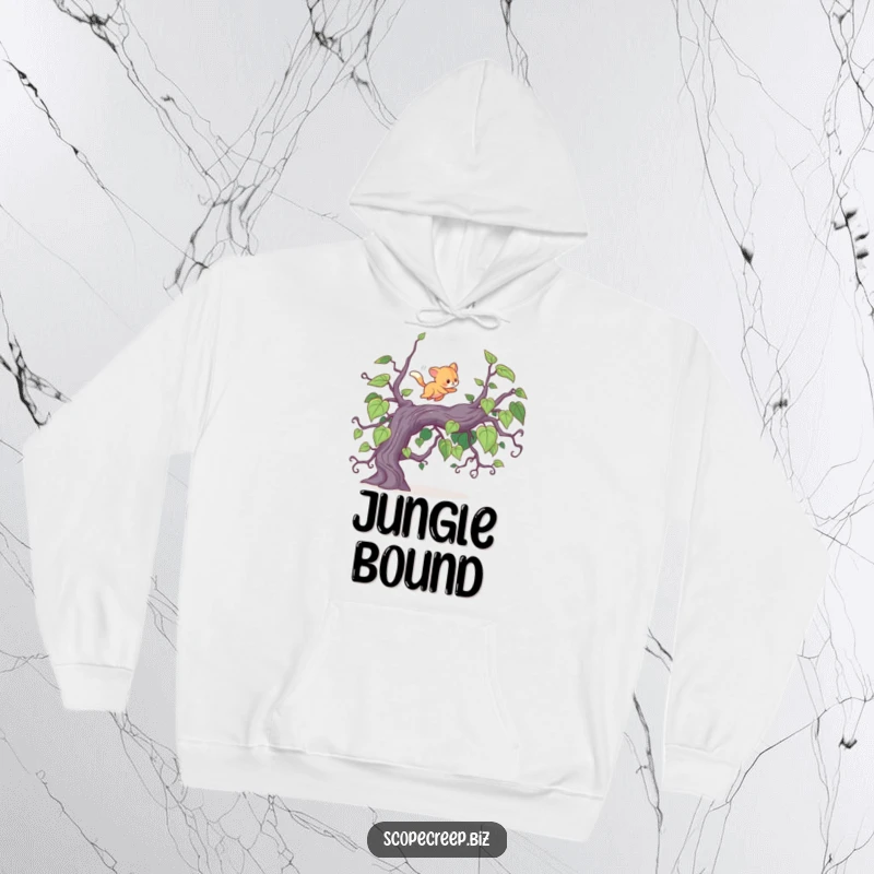 Funny hoodie featuring a small, energetic animal mid-leap over a sprawling vine, perfect for those who enjoy active and humorous comfort.