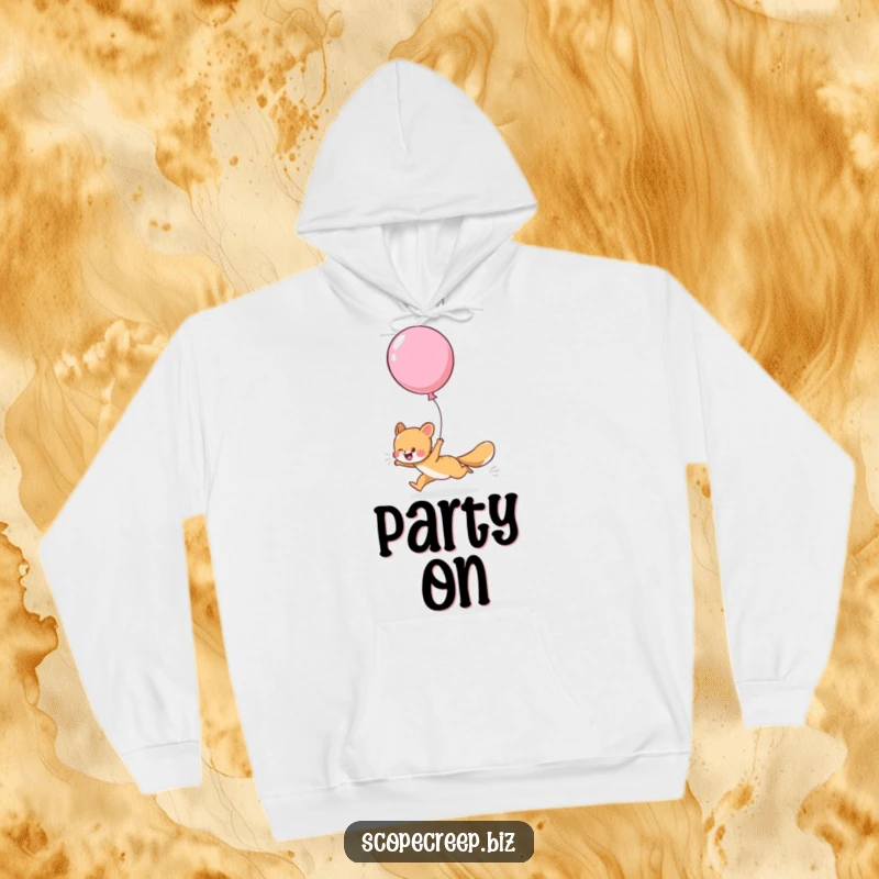 Funny hoodie featuring a happy animal chasing a large, colorful balloon that has gotten away, embodying playful escape.