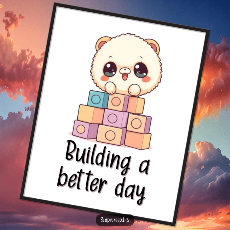 Funny Free Printable Wall Art: Fluffy animal joyfully stacking mismatched blocks, adding charming decor. Downloadable art.