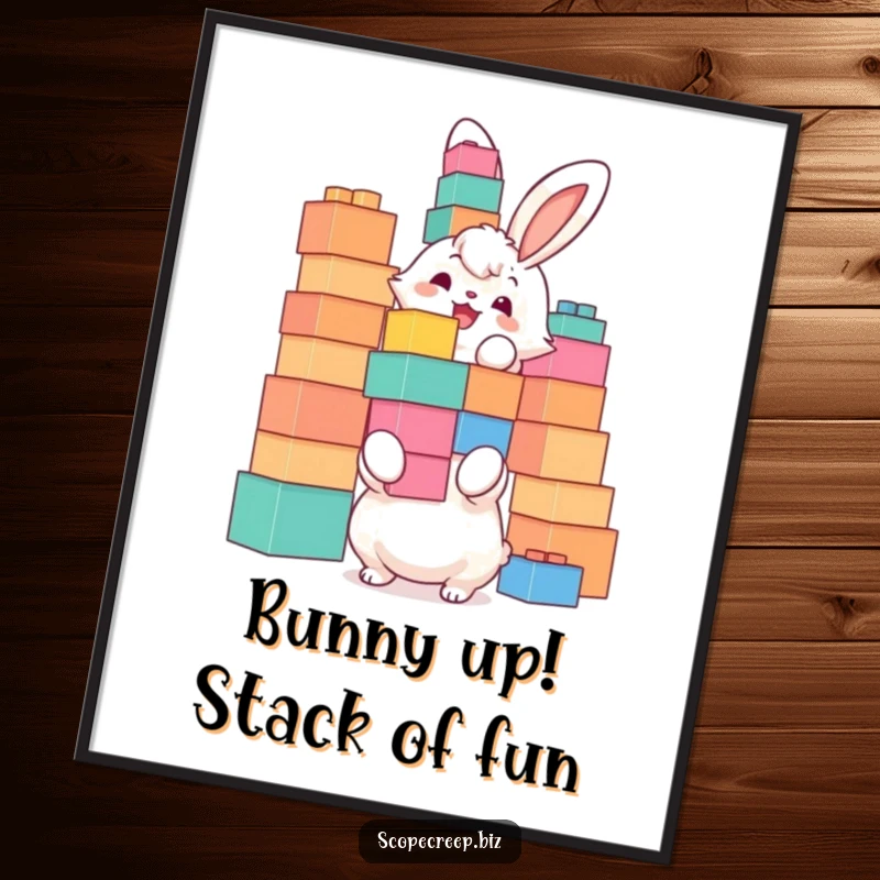 Funny Free Printable Wall Art depicting a fluffy bunny joyfully stacking too many oversized building blocks in a delightful balancing act.