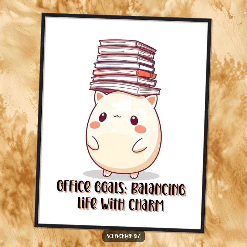 Funny Free Printable Wall Art: A round, slightly stressed animal precariously balancing a huge stack of papers on its head.