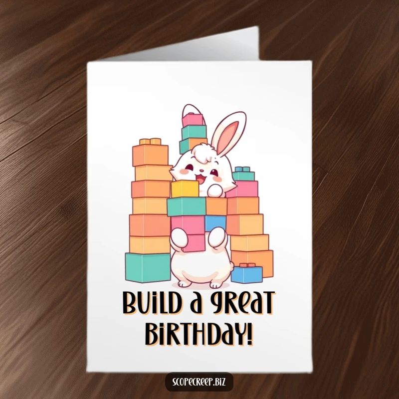 Funny Free Printable Birthday Card featuring a fluffy bunny joyfully stacking too many oversized building blocks, creating a wobbly tower.