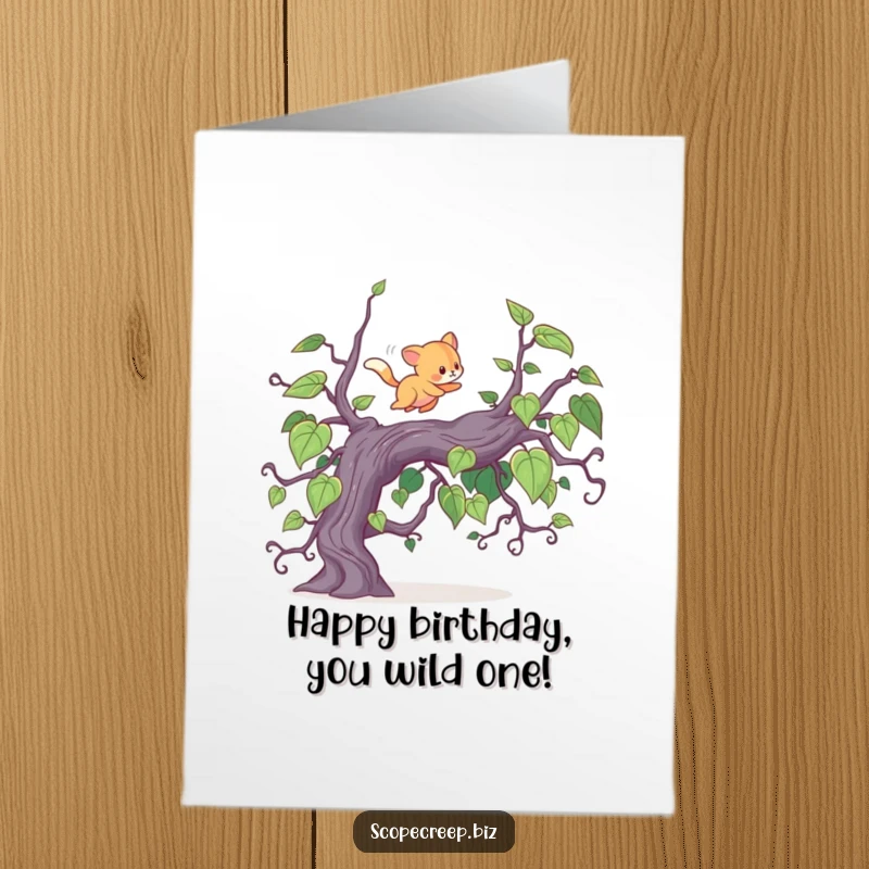 Funny Free Printable Birthday Card: Energetic animal bounding over vines, wishing happy birthday. A wild downloadable greeting.