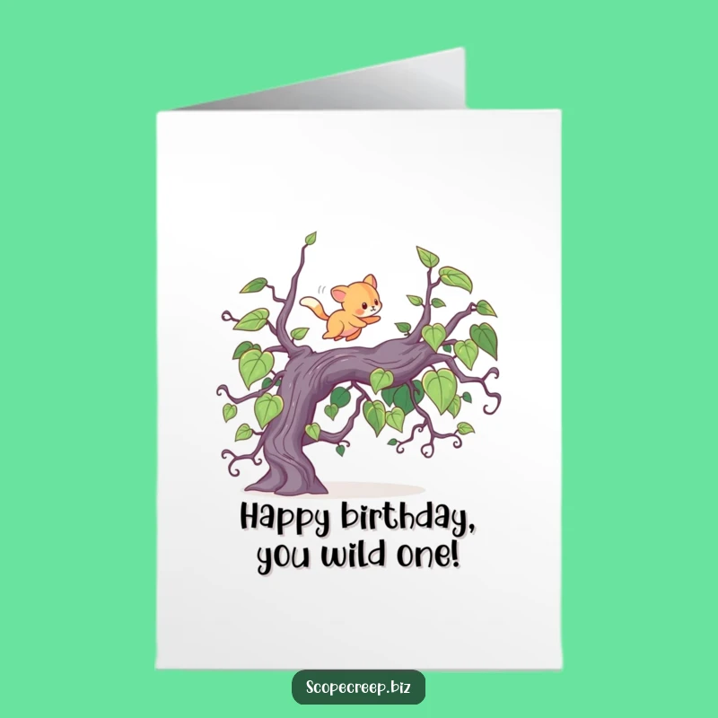 Free Printable Birthday Card: Energetic Animal Jumping Vines, Funny Downloadable Gift