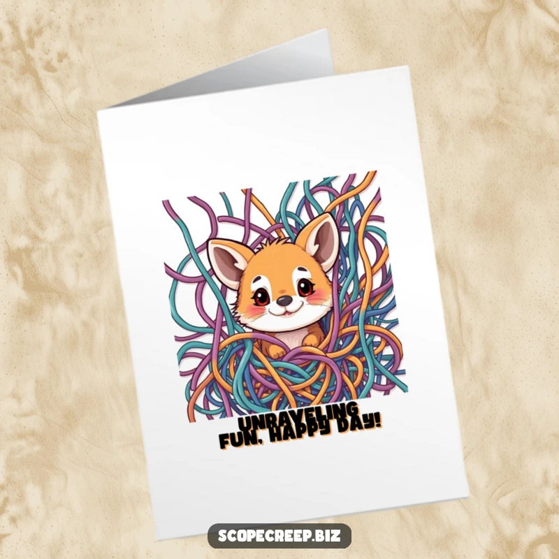 Funny Free Printable Birthday Card: A curious animal peeking its head through a chaotic, colourful mess of yarn threads.