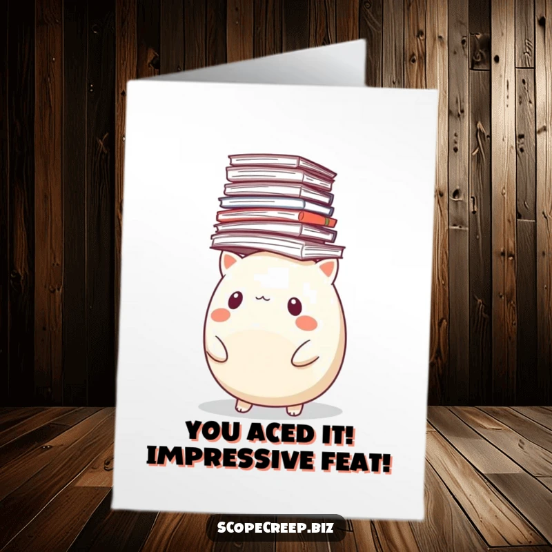 Funny Free Printable Congratulations Card: Round animal looks overwhelmed by a teetering stack of papers, perfectly congratulating effort.
