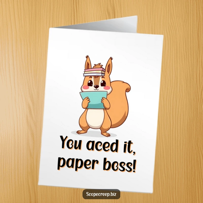 Funny Free Printable Congratulations Card: A cartoon squirrel comically juggles a mountain of colorful office paperwork, looking frazzled.