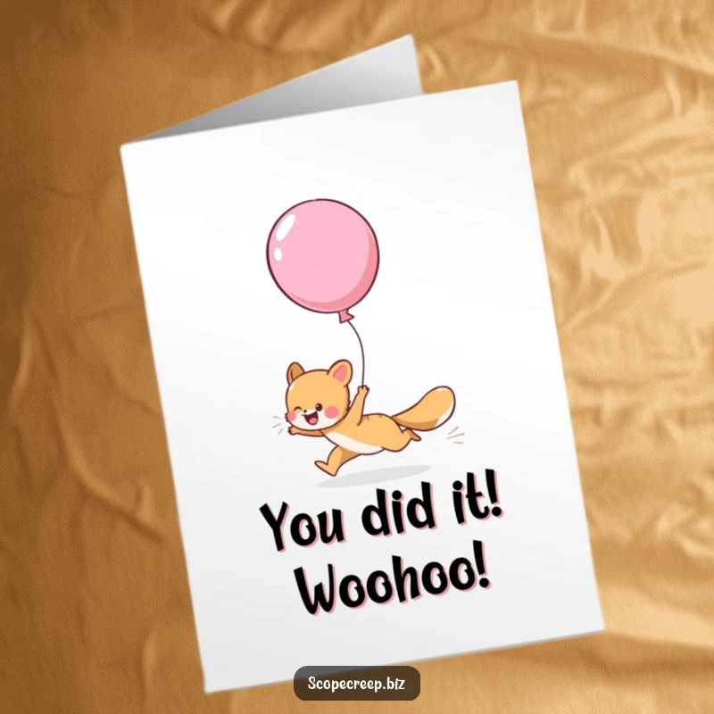 Funny Free Printable Congratulations Card: A joyful animal enthusiastically chasing a large, runaway balloon into the sky.