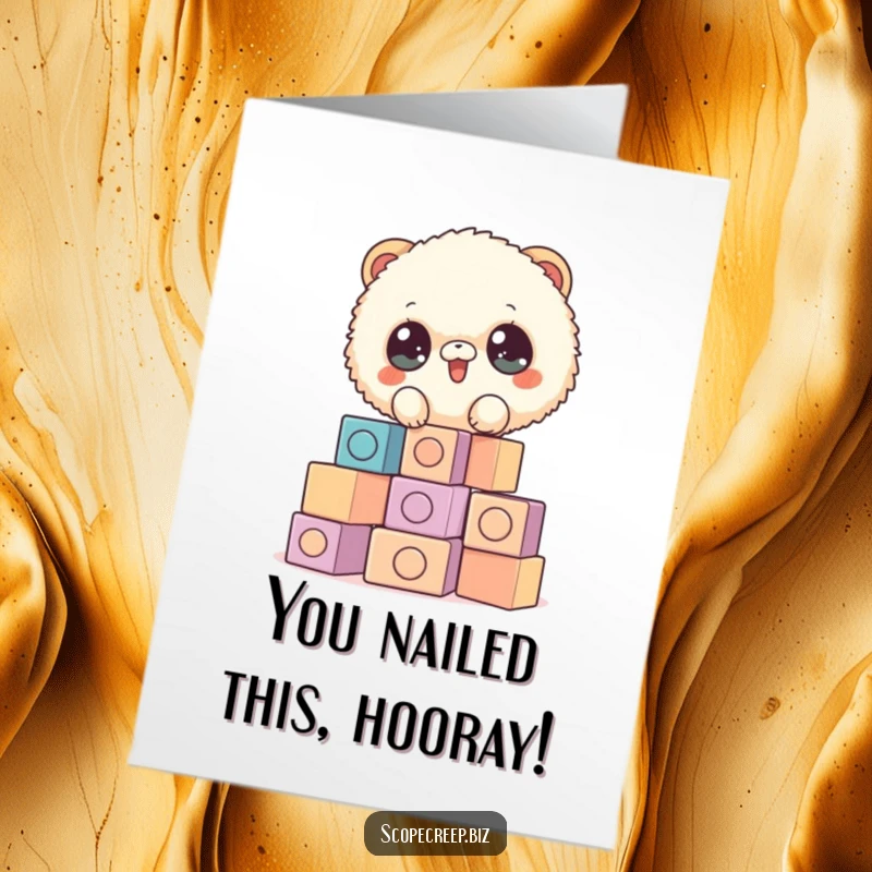 Funny Free Printable Congratulations Card: Fluffy animal stacking mismatched blocks, sending congrats. A cute downloadable greeting.