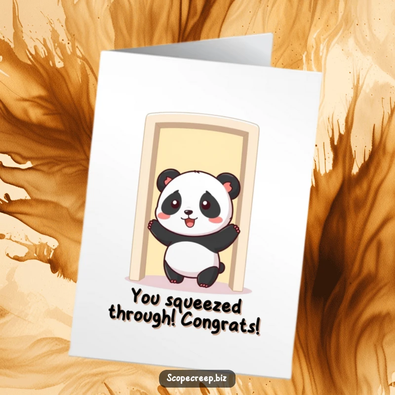 Funny Free Printable Congratulations Card: A playful panda is hilariously wedged in a doorway that's getting smaller, with a funny expression.