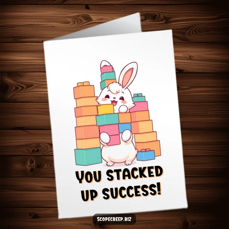 Funny Free Printable Congrats Card showing a fluffy bunny joyfully stacking oversized blocks, celebrating a major accomplishment.