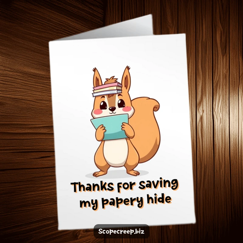 Funny Free Printable Thank You Card: A stressed squirrel is overwhelmed, juggling an impossibly large stack of colorful papers.